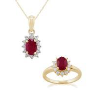 9ct Yellow Gold Ruby & Diamond Cluster 45cm Necklace & Ring Set
