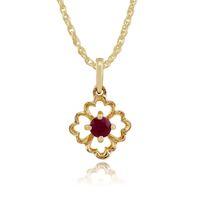 9ct Yellow Gold 0.16ct Floral Ruby Pendant on 45cm Chain