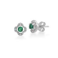 9ct White Gold 0.22ct Emerald & Diamond Floral Stud Earrings
