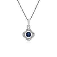 9ct White Gold 0.14ct Sapphire & Diamond Floral Pendant on 45cm Chain