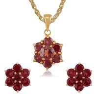 9ct Yellow Gold Garnet Round Floral Cluster Stud Earrings & 45cm Necklace Set