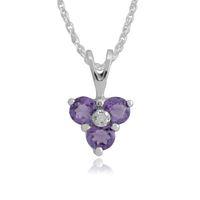 9ct White Gold Amethyst & Diamond Classic Cluster Pendant on 45cm Chain