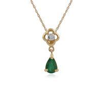 9ct Yellow Gold 0.41ct Emerald & Diamond Floral Pendant on 45cm Chain