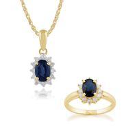 9ct Yellow Gold Sapphire & Diamond Oval Cluster 45cm Necklace & Ring Set