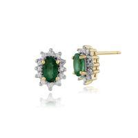 9ct Yellow Gold 0.46ct Emerald & Diamond Oval Cluster Stud Earrings