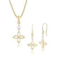 9ct Yellow Gold Pearl Ixora Flower Drop Earring & 45cm Necklace Set