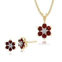 9ct yellow gold garnet diamond cluster stud earrings 45cm necklace set