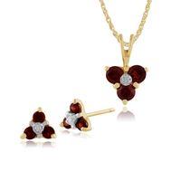 9ct Yellow Gold Garnet & Diamond Floral Stud Earrings & 45cm Necklace Set