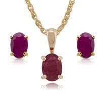 9ct yellow gold ruby claw set oval stud earring 45cm necklace set