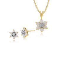 9ct Yellow Gold Opal & Diamond Floral Stud Earrings & 45cm Necklace Set