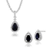 9ct White Gold Sapphire & Diamond Pear Cluster Stud Earring & 45cm Necklace Set