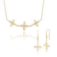 9ct Yellow Gold Pearl Ixora Flower Drop Earring & 45cm Necklace Set