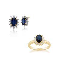 9ct Yellow Gold Sapphire & Diamond Oval Cluster Stud Earring & Ring Set