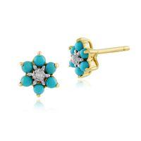 9ct Yellow Gold 0.21ct Floral Turquoise & Diamond Stud Earrings