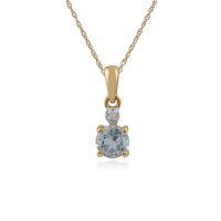 9ct Yellow Gold 0.44ct Aquamarine & Diamond Round Pendant on 45cm Chain