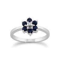 9ct White Gold 0.55ct Natural Blue Sapphire & Diamond Floral Cluster Ring