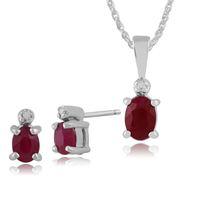 9ct White Gold Ruby & Diamond Stud Earrings & 45cm Necklace Set