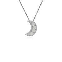 9ct White Gold 0.13ct Opal & Diamond Crescent Moon Pendant on 45cm Chain