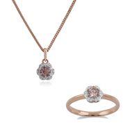 9ct Rose Gold Morganite & Diamond Floral 45cm Necklace & Ring Set