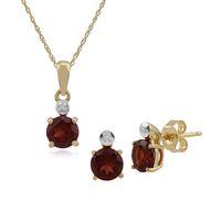 9ct Yellow Gold Garnet & Diamond Round Stud Earring & 45cm Necklace Set