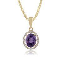 9ct Yellow Gold 2.00ct Amethyst & Diamond Floral Cluster Pendant on Chain