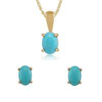 9ct Yellow Gold Turquoise Single Stone Oval Stud Earrings & 45cm Necklace Set