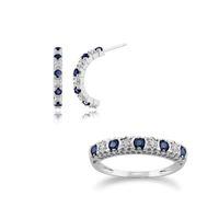 9ct White Gold Sapphire & Diamond Half Hoop Earring & Ring Set