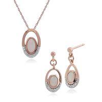 9ct Rose Gold Opal & Diamond Drop Earring & 45cm Necklace Set