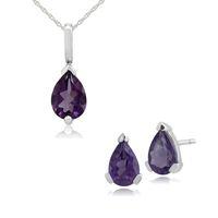 9ct White Gold Amethyst Single Stone Pear Stud Earring & 45cm Necklace Set