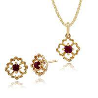 9ct Yellow Gold Floral Ruby Stud Earrings & 45cm Necklace Set