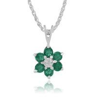 9ct White Gold 0.49ct Emerald & Diamond Floral Cluster Pendant on 45cm Chain