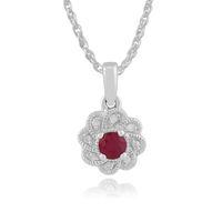 9ct White Gold 0.24ct Ruby & Diamond Floral Pendant on 45cm Chain