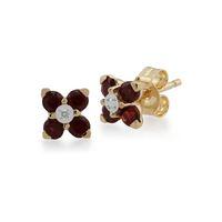 9ct yellow gold garnet diamond quatrefoil cluster earrings