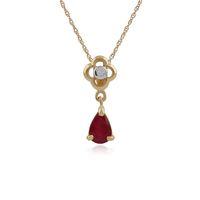 9ct Yellow Gold 0.49ct Ruby & Diamond Floral Pendant on 45cm Chain