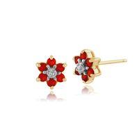 9ct Yellow Gold 0.19ct Fire Opal & Diamond Floral Stud Earrings