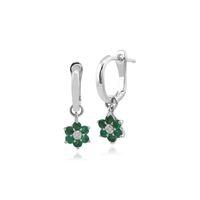 9ct White Gold Emerald and Diamond Floral Hoop Earrings