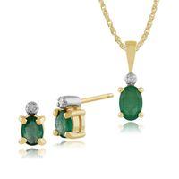 9ct Yellow Gold Emerald & Diamond Classic Oval Stud Earrings & 45cm Necklace Set