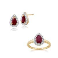 9ct Yellow Gold Ruby & Diamond Pear Cluster Stud Earring & Ring Set