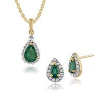 9ct Yellow Gold Emerald & Diamond Pear Cluster Stud Earring & 45cm Necklace Set