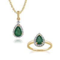 9ct yellow gold emerald diamond pear cluster 45cm necklace ring set