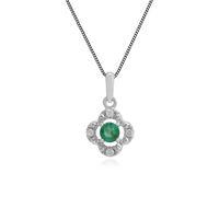 9ct White Gold 0.12ct Emerald & Diamond Floral Pendant on 45cm Chain