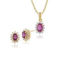 9ct Yellow Gold Pink Sapphire & Diamond Stud Earrings & 45cm Necklace Set