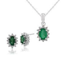 9ct White Gold Emerald & Diamond Cluster Stud Earrings & 45cm Necklace Set