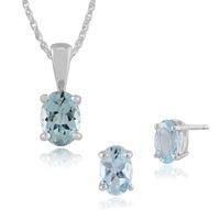 9ct White Gold 4 Claw Set Aquamarine Oval Stud Earring & 45cm Necklace Set