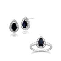 9ct White Gold Sapphire & Diamond Pear Cluster Stud Earring & Ring Set