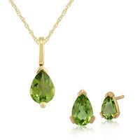 9ct Yellow Gold Peridot Claw Set Pear Stud Earring & 45cm Necklace Set