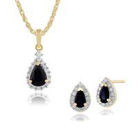 9ct Yellow Gold Sapphire & Diamond Pear Cluster Stud Earring & 45cm Necklace Set