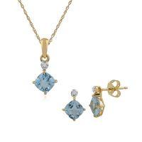 9ct Yellow Gold Blue Topaz & Diamond Stud Earring & 45cm Necklace Set