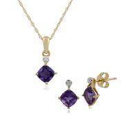 9ct Yellow Gold Amethyst & Diamond Stud Earring & 45cm Necklace Set