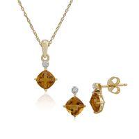 9ct Yellow Gold Citrine & Diamond Stud Earring & 45cm Necklace Set